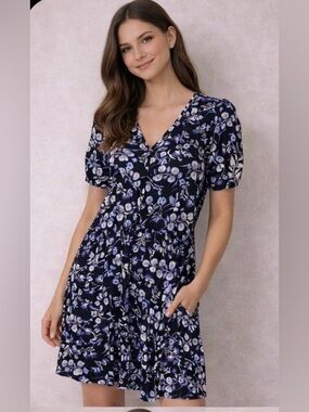 LOFT Navy Blue Floral V-Neck Midi Dress